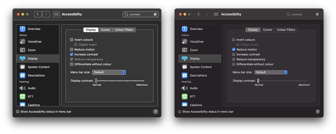 Two screenshots that display several accessibility settings in Mac OS