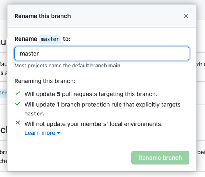 When renaming your branch, GitHub tells you it will update open Pull Requests.