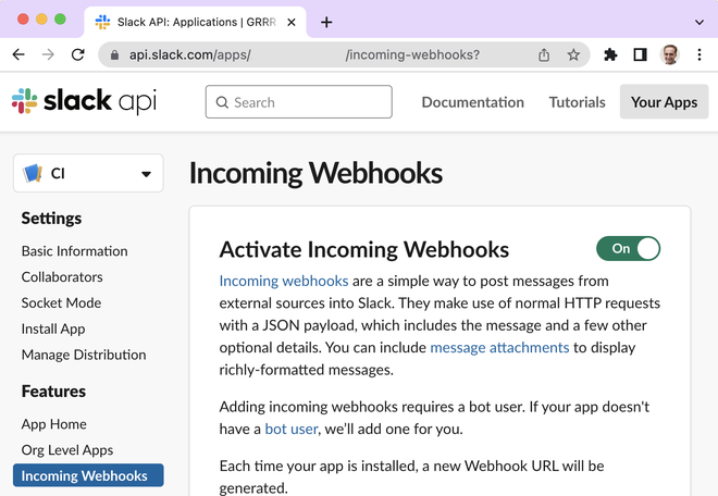 Screenshot of the incoming webhooks page