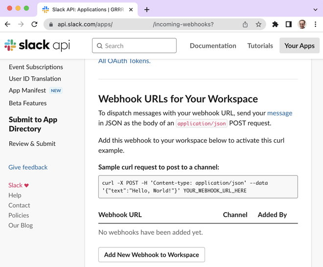 Screenshot of the webhook urls for your workspace