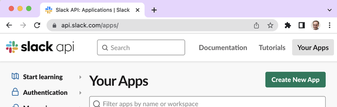 Screenshot of the page where you can create a Slack app.