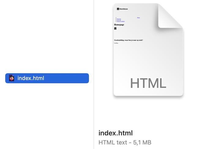 Screenshot of a index.html file with the information that the file-size is 5.1 MB